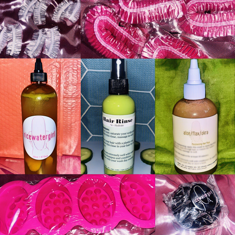 Bundle #7 (16oz ricewatergirl, 8oz Pre-Poo #1 Cucumber (Hydrate), 4oz aloe/flax/okra - moisturizing hair mask, scalp massage bar mold (pink), 4 Processing Caps (Pink), ricewatergirl - Scalp Massager, and 4 Pairs of Plastic Ear Caps