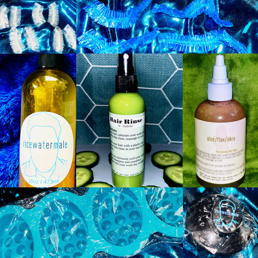 Bundle #8 (16oz ricewatermale, 8oz Pre-Poo #1 Cucumber (Hydrate), 4oz aloe/flax/okra - moisturizing hair mask, scalp massage bar mold (blue), 4 Processing Caps (Blue), ricewatermale - Scalp Massager, and 4 Pairs of Plastic Ear Caps